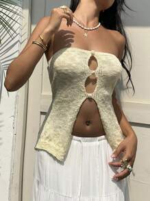 SHEIN EZwear Neuer Sommer Strand Urlaub buttergelbes Korsett Top Damen gestrickt einfarbig ausgeschnittenes Röhren Strick Top - Gelb - Übersicht 6