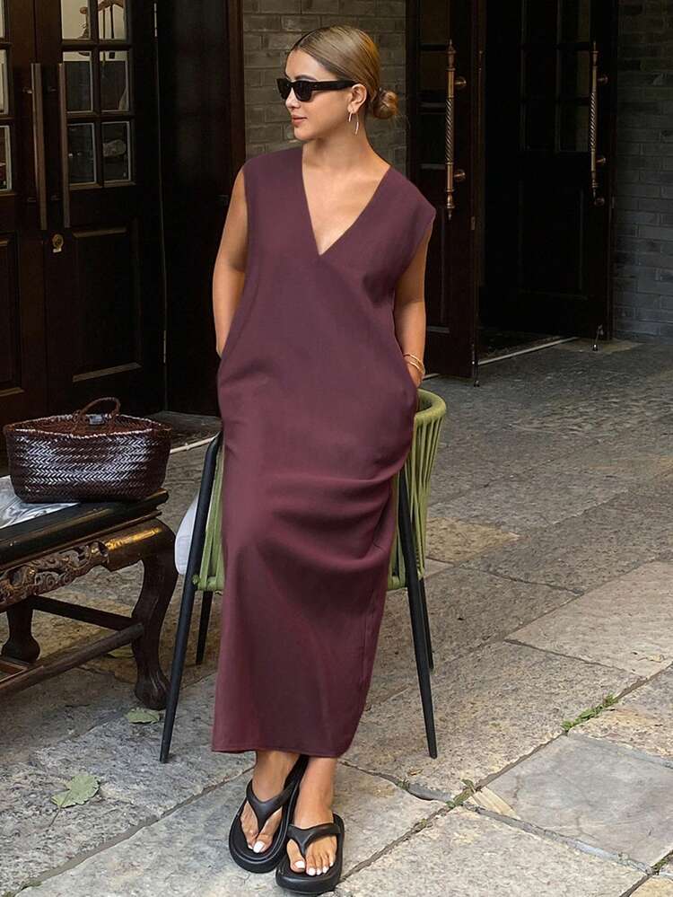 Solid Color V-Neck Casual Loose Long Dress For Women, Sleeveless, Summer Linen Maxi Dress