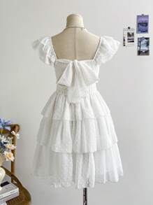 Soleia Women's Cottage Core White Polka Dot Tea Party Summer Mini Dress,Vacation Rural Floral Mesh Ruffle Spaghetti Strap Ruffled Hem,Wedding - White - View 2