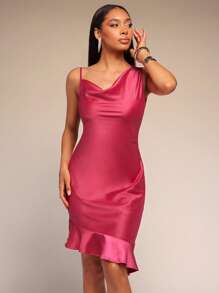 Vixey Vestido midi drapeado con manga asimétrica de satén y dobladillo con volantes