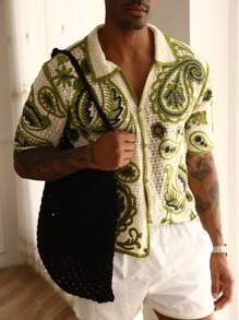 Manfinity CityGents Camisa de punto de manga corta con botones con estampado de paisley para las vacaciones de verano de hombres
