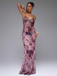 MUSERA Đầm maxi ôm sát, dây mảnh, cổ chữ V khoét sâu, đính hạt cườm, lưng hở, chất liệu lưới nhung, thích hợp cho sinh nhật, đám cưới, khách mời, mùa xuân, hè, kỳ nghỉ, thanh lịch, dễ thương, gợi cảm, phong cách Boho, Ibiza, sa mạc, hoa lan, ngày lễ, mùa thu, buổi tối, mùa thu đông. - Màu tím - Xem 1