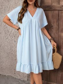 EMERY ROSE Bohemian V-Neck Striped Loose Plus Size Casual Dress, Spring/Summer Summer Dresses For Women Boho Dress Country Concert Outfit Vacation Outfits - Blue and White - View 6