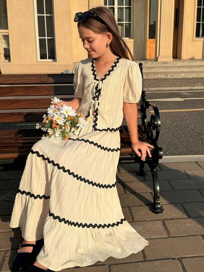 SHEIN 少女 2 件套优雅法式灯笼袖荷叶边蝴蝶结连衣裙和泡泡袖半身裙