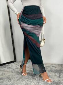 SHEIN Clasi Plus Size High Split Ruched Tie-Dye Print Skirt Maxi Skirt Fall Cloth For Women - Multicolor - View 3
