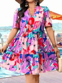 SHEIN Clasi Plus Size Women Floral Print Loose Multi-Layer Patchwork A-Line Vacation Dress - Multicolor - View 1