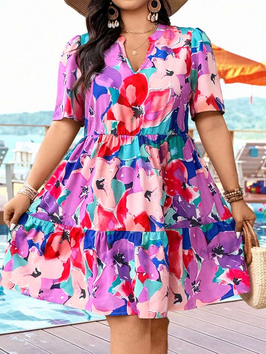 SHEIN Clasi Plus Size Women Floral Print Loose Multi-Layer Patchwork A-Line Vacation Dress - Multicolor - View 1