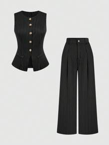 Sweetra Conjunto de traje de talla grande con chaleco de impresión de rayas blancas y negras de un solo botonadura y pantalones plisados de pierna ancha