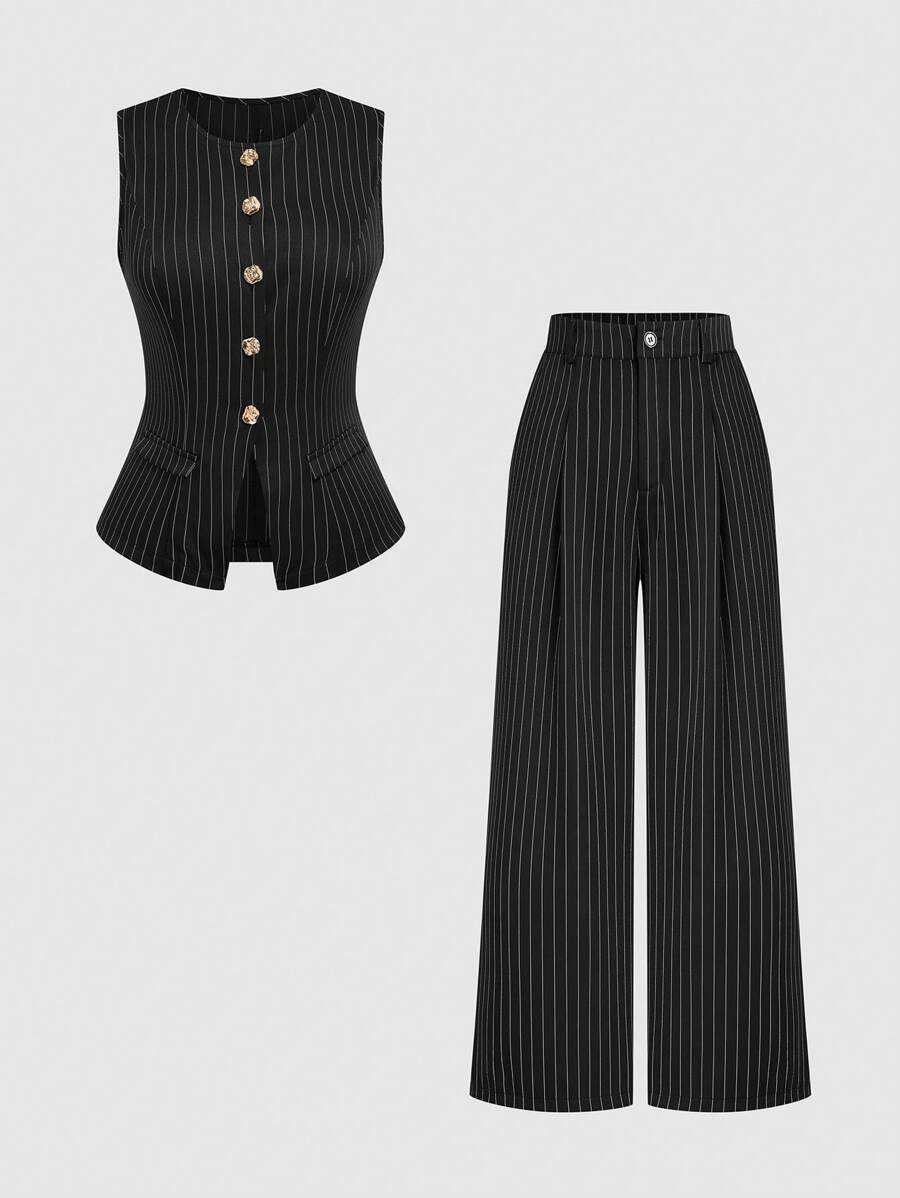 Sweetra Conjunto de traje de talla grande con chaleco de impresión de rayas blancas y negras de un solo botonadura y pantalones plisados de pierna ancha