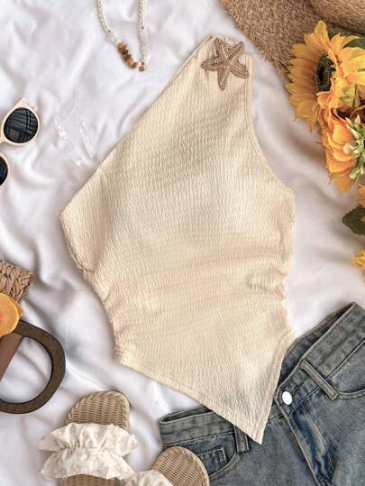 SHEIN Teen Girl One Shoulder Top For Summer Holiday, Back-To-School , Cute, Holiday Family Outdoor Spring Picnic Everyday Wear, Suitable For Various Occasions