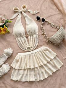 Soleia 女士两件套：V 领镂空露背短款背心和分层迷你裙，适合节日、约会、下午茶、度假、音乐节、海滩、夏季服装、波西米亚风 - 黃色 - 查看 3