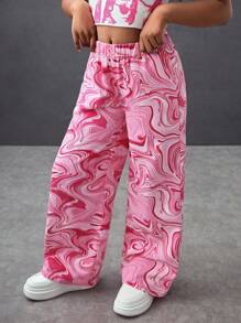 Tween Girls Summer Y2K Marble Print Drawstring Elastic Waist Wide Leg Casual Baggy Jeans Wide Leg Jeans For Daily Wear,Girls Summer Concert Festival Causal Rave Outfits, Girls Summer Brunch Church Graduation Outfits,Streetwear Back To School Outfits