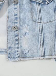 Teen Girls Washed Single-Breasted Ripped Long Sleeve Cropped Denim Jacket Fall Winter