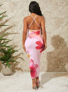 SHEIN SXY Vestido largo de ajuste ajustado con diseño de tirantes de espagueti con estampado floral sin espalda para vacaciones de verano, playa y selva