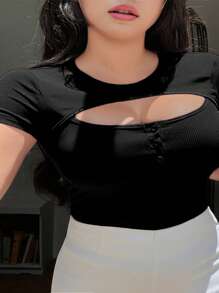 Dazy Plus Camiseta de manga corta con cuello redondo elástica y ajustada con diseño calado, para Año Nuevo Chino, primavera/verano, talla grande