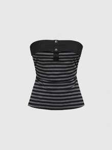 ROMWE J-Fashion 百搭百搭条纹下摆开衩设计女式抹胸上衣 - 黑色 - 查看 5