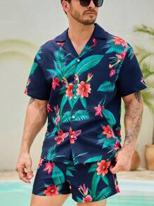 Surfspeed Men's Tropical Plant Printed Short Sleeve Top And Shorts Beach 2-Piece Set - Navy Blue - View 1
