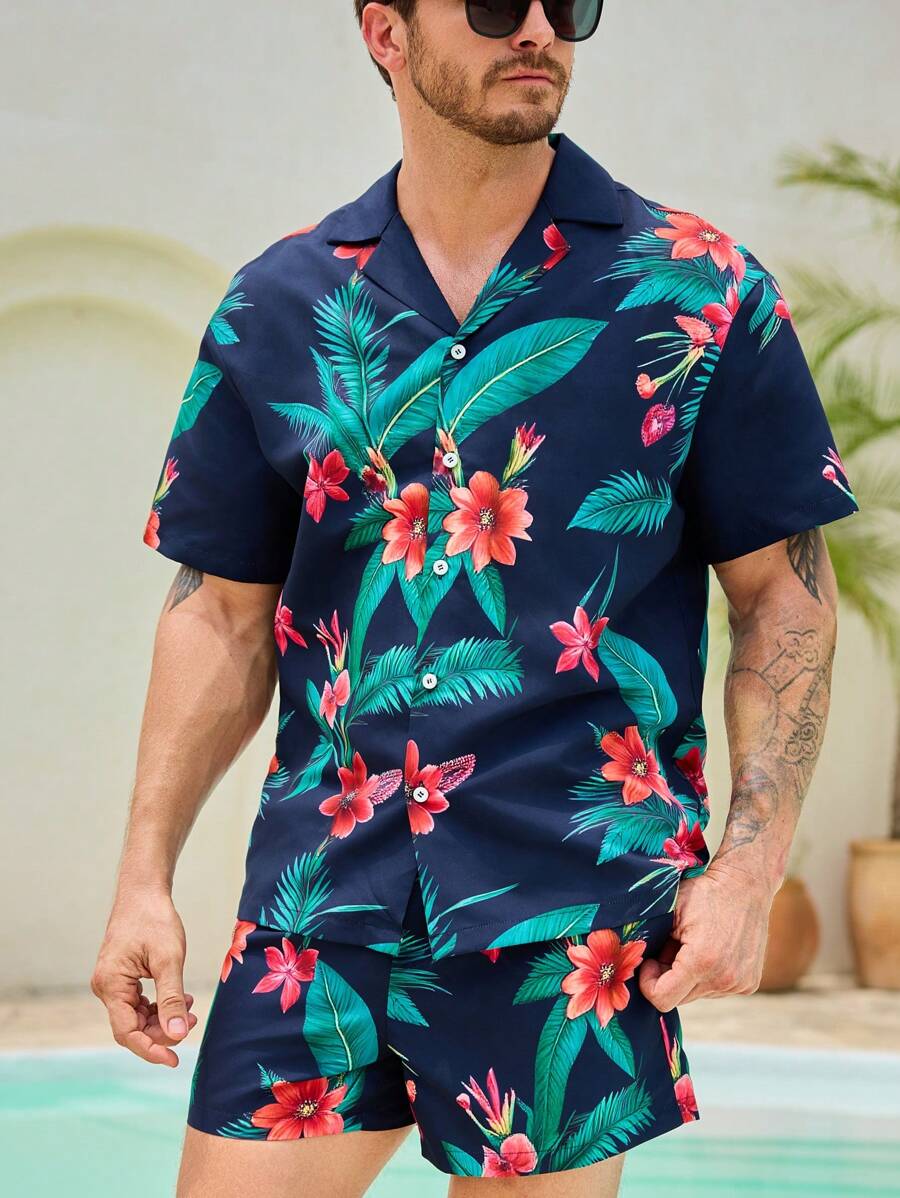Surfspeed Men's Tropical Plant Printed Short Sleeve Top And Shorts Beach 2-Piece Set - Navy Blue - View 1