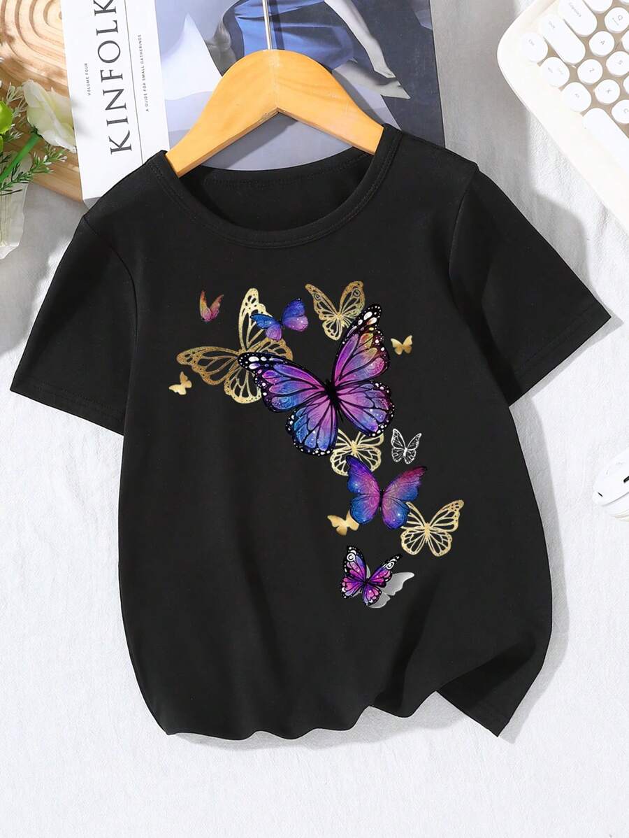 Sparklyn Tween Girl Butterfly Print Round Neck Short Sleeve T-Shirt, Summer, School, Campus, College - Black - View 1