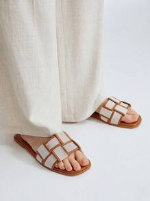 MOTF PREMIUM 编织设计方头平底凉鞋，适合户外、圣诞节、秋季、新年假期和情人节