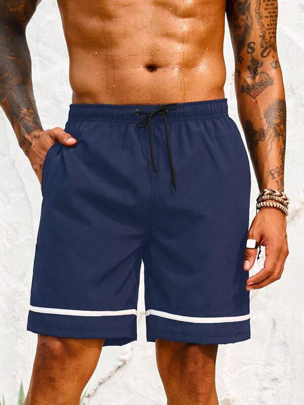 Manfinity Swimmode Men's Contrast Color Striped Casual Beach Shorts, Hawaiian