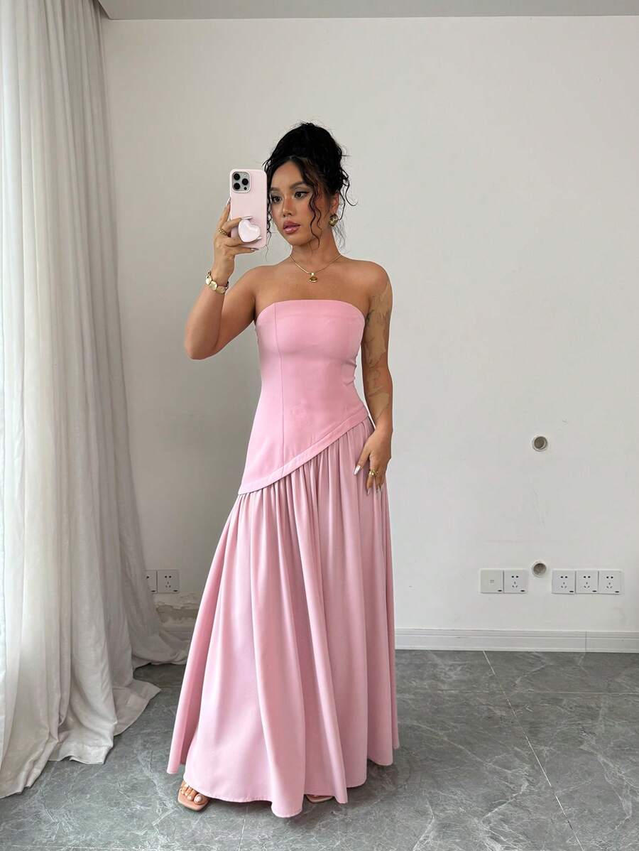 Selianne Women's Elegant Casual Solid Color Slash Shoulder A-Line Maxi Dress With Back Strap, Suitable For Afternoon Tea, Spring/Summer - Pink - View 1