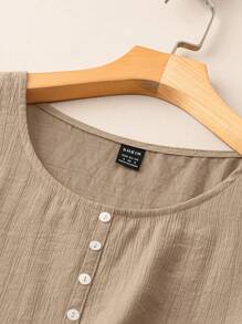 EMERY ROSE Women Solid Color Button Decor Round Neck Casual Loose Fit Tank Top - Khaki - View 5