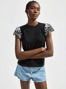 Maija 2025 Summer New Design Contrast Color Flutter Sleeve Embroidered Round Neck Women T-Shirt Vest, Business Casual Daily Commute, Elegant For Beach Resort, Wedding, Music Festival, Breakfast At Airport, 90s Vintage Basics Business Casual Women Clothing - Black - View 4