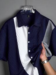 Manfinity Homme Men's Summer Casual Textured Color Block Short Sleeve Button Up Shirt Men Button Up Shirts Nice Button Up Shirts For Men Men Button Up Shirts Retro Button Up Shirts