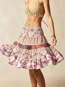 Bohemela Women's Woven Floral Ruffled Skirt With Waist Tie