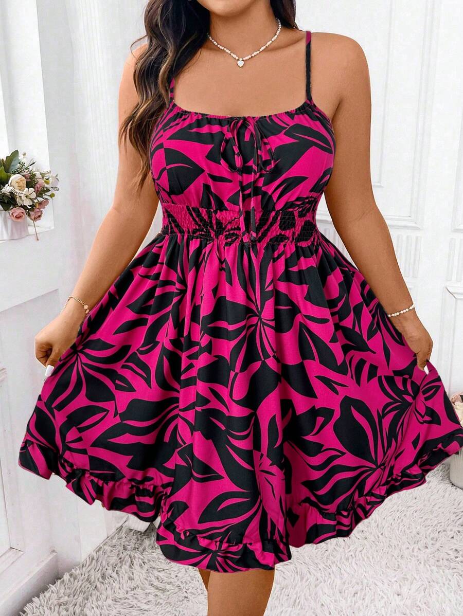 SHEIN Clasi 夏季印花连衣裙、合身细肩带蓝色连衣裙、休闲海滩度假热带印花连衣裙、度假海岛沙滩裙、新款夏季假日花卉印花A字细肩带连衣裙、束腰高腰连衣裙、性感露背细肩带连衣裙、A字系带前无袖连衣裙 - 玫紅色 - 查看 1