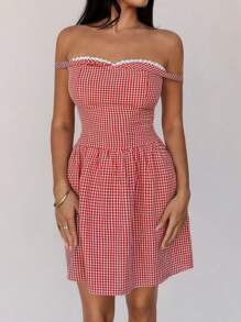 Roylia Vestido corto de mujer con estampado a cuadros, de corte ajustado y hombros descubiertos, con cintura envuelta, en estilo vintage francés, para el verano - Rojo - Ver 1