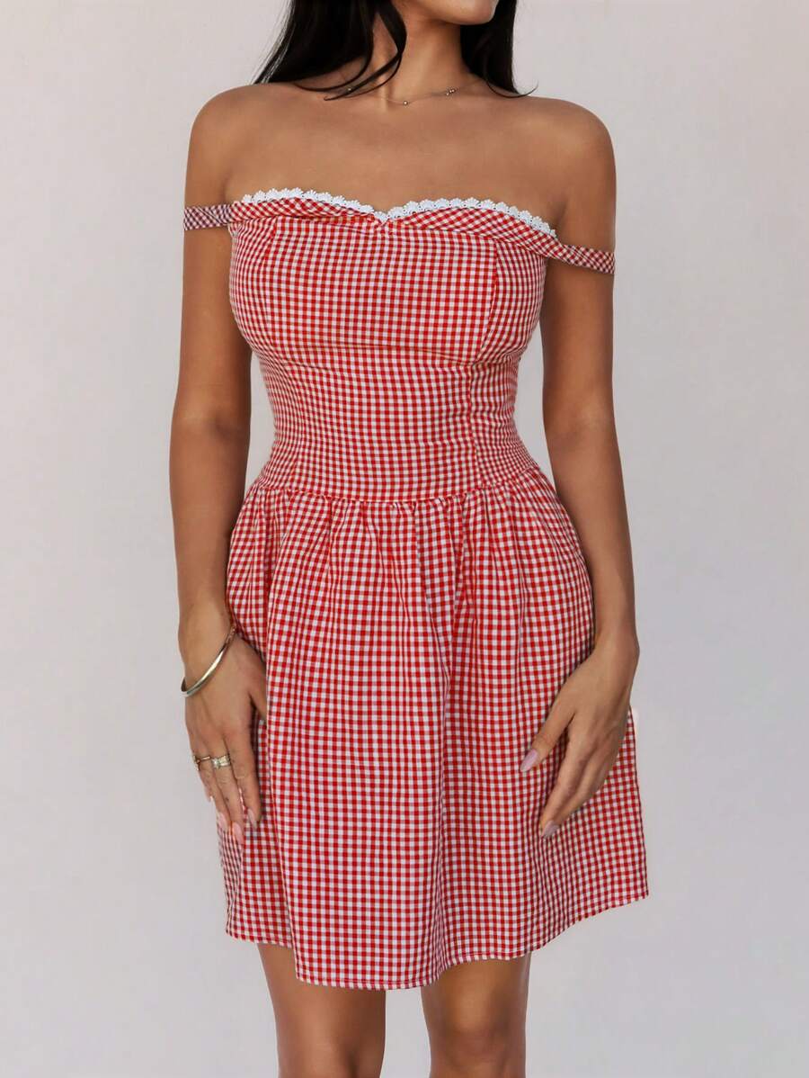 Roylia Vestido corto de mujer con estampado a cuadros, de corte ajustado y hombros descubiertos, con cintura envuelta, en estilo vintage francés, para el verano - Rojo - Ver 1