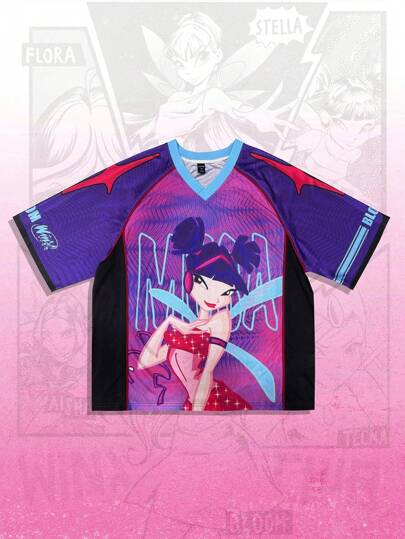 Winx Club X ROMWE Camiseta deportiva de manga corta con cuello en V de color contrastante y diseño de personaje de dibujos animados para hombre
