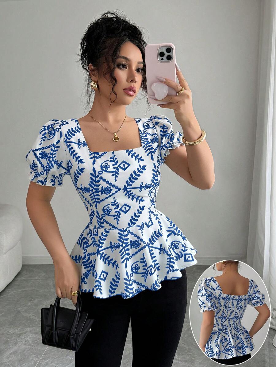 Elenzga 25件夏季新款方领泡泡袖刺绣印花女式衬衫