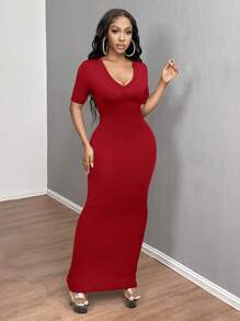 SHEIN SXY Summer;Women's Solid V-Neck Bodycon Short Sleeve Dress Hoco Dresses