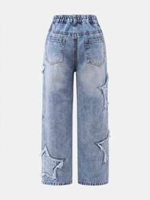SHEIN Quần jeans ống đứng dáng rộng Y2K cho bé gái tuổi teen kết hợp với vải denim xanh nhạt, thêu hình ngôi sao năm cánh và viền tua rua, thời trang thường ngày đường phố - Rửa nhẹ - Xem 2