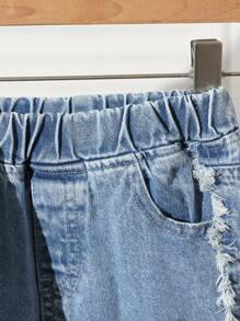 Conjunto de 3 piezas para niñas preadolescentes: Camisa con tirantes de mezclilla + Pantalones con bajo deshilachado