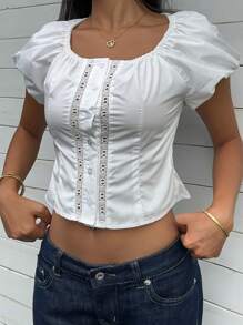 SHEIN EZwear Women's Solid Color Lace Patchwork Round Neck Short Sleeve Blouse - White - View 3