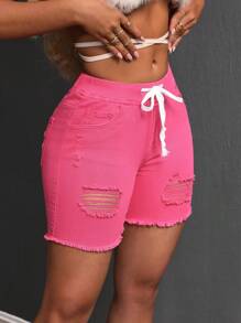 SHEIN SXY 休闲夏季纯色破洞紧身牛仔短裤 - 玫紅色 - 查看 4
