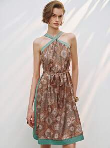 SHEIN LUNE Women's Contrast Color Trim Belted Casual Sleeveless Dress - Multicolor - View 1