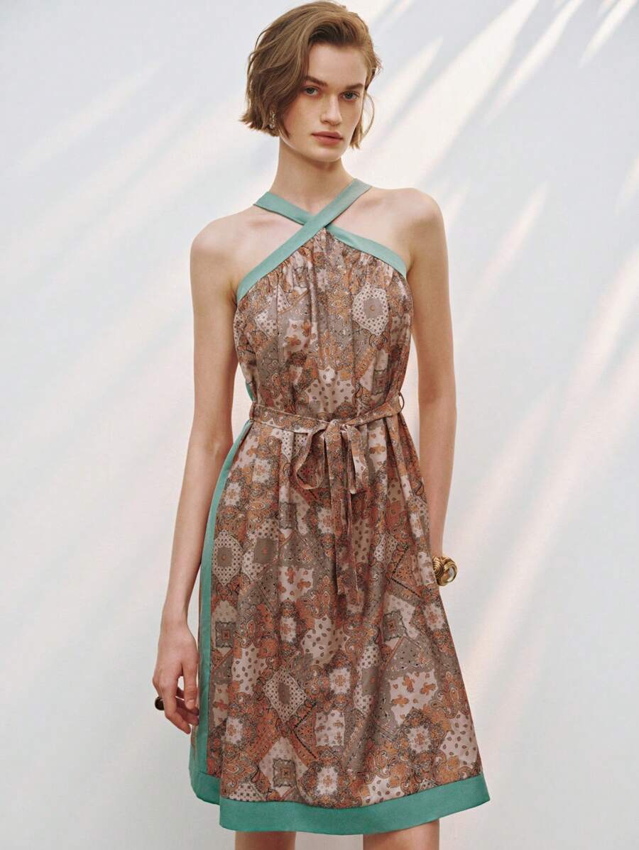 SHEIN LUNE Women's Contrast Color Trim Belted Casual Sleeveless Dress - Multicolor - View 1