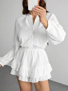 SHEIN Tall Women's Solid Color V-Neck Raglan Sleeve Ruffle Hem Jumpsuit - White - View 7