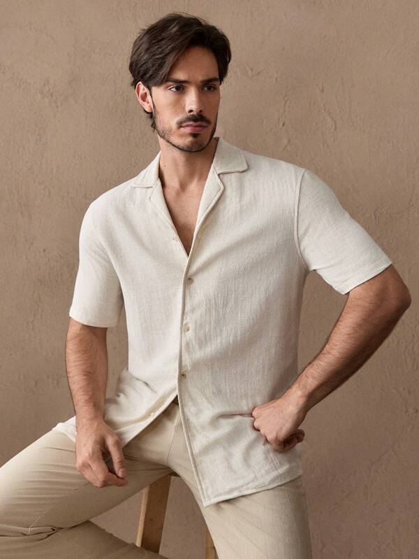 Manfinity VCAY Men's Plain Woven Casual Lapel Collar Short Sleeve Shirt, Suitable For Summer