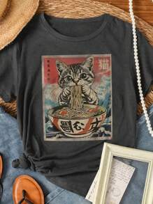 Chiquease Cute Cat Eating Ramen Pattern Women Round Neck Short Sleeve T-Shirt - Dark Grey - View 3