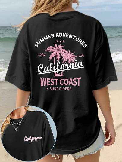 SHEIN LUNE 大码休闲字母和热带印花大码T恤图案T恤女式上衣