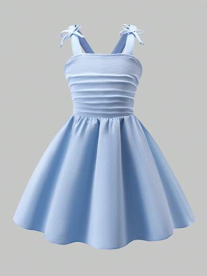 Elladie kids Young Girls' Elegant Solid Color 3D Bow Shoulder Ruched Strap Tea Party Dress, New Spring/Summer Outfits Suitable For Party And Gatherings Cute Dresses For Teens Party Dresses For Teen Simple Teen Dresses Spring Dresses For Teens School Graduation Dresses For Girls Summer Holiday