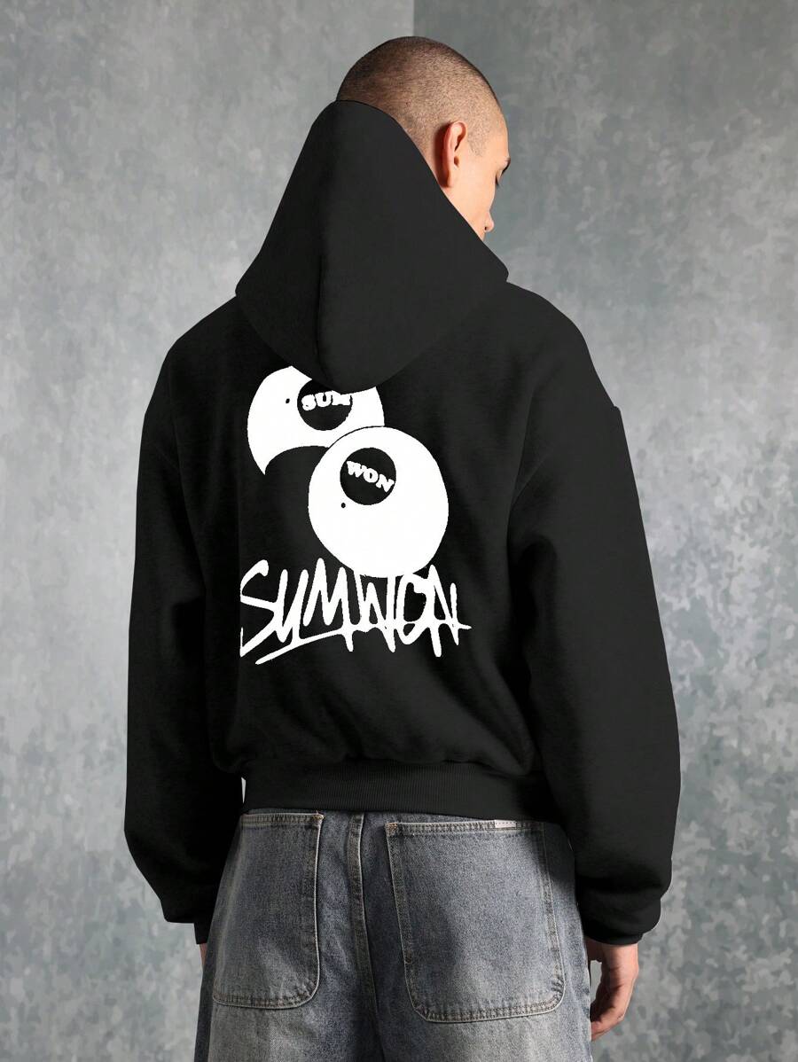 SUMWON 街头风套头连帽衫，带图案徽标印花，都市休闲抽绳运动衫，秋冬超大舒适家居服，男女通用运动休闲服
