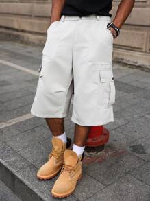 Manfinity Hypemode Fashionable Casual Beige Men's Cargo Loose 3/4 Pants With Pockets, Street Style, Y2k - Beige - View 4