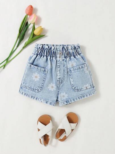 Shorts en jean élastique à taille haute, lavage léger, imprimé botanique vintage, style décontracté urbain pour jeunes filles